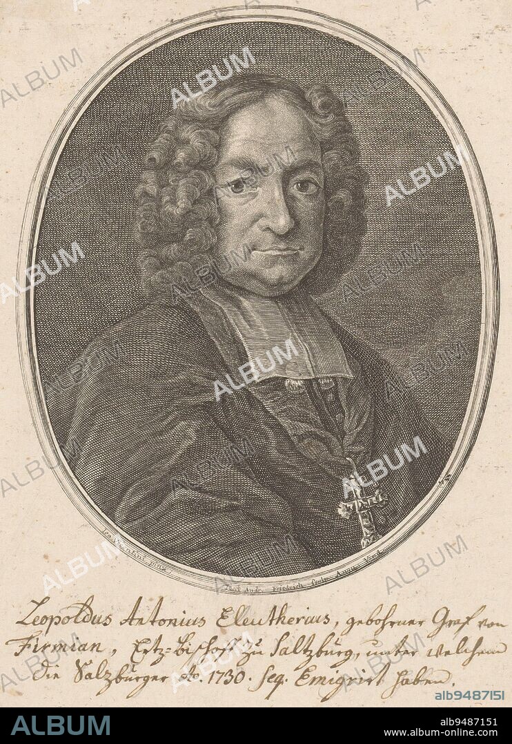 Portrait of Leopold Anton von Firmian, Jacob Andreas Fridrich (II), Jacob Andreas Fridrich (I), after Joa. Vicentini, 1694 - 1744, print maker: Jacob Andreas Fridrich (II), (mentioned on object), print maker: Jacob Andreas Fridrich (I), (mentioned on object), after: Joa. Vicentini, (mentioned on object), Augsburg, 1694 - 1744, paper, engraving, h 190 mm - w 133 mm.
