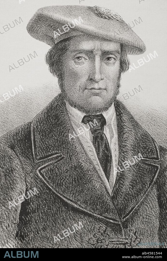 Martín Zurbano (1788-1845). Célebre guerrillero español. Durante la Primera Guerra Carlista fué partidario de la reina Isabel II. Dibujo por Llanta. Detalle. Litografía. Crónica General de España, Historia Ilustrada y Descriptiva de sus Provincias. Castilla-La Vieja,1870. Biblioteca Histórico Militar de Barcelona, Cataluña, España.