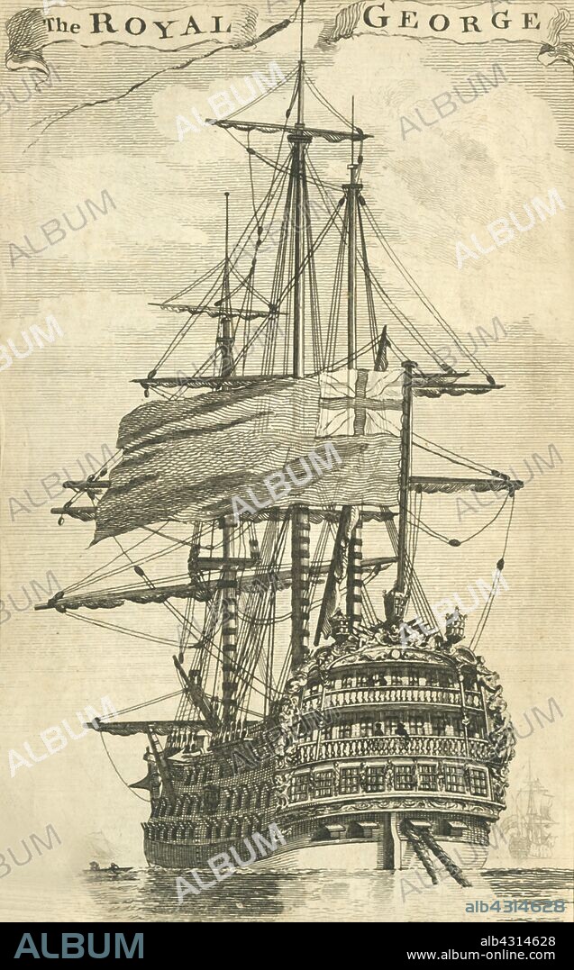 'The Royal George', 1756. The English warship 'HMS Royal George', built at Woolwich Dockyard in London, was launched on 18 February 1756. The largest warship in the world at the time, the 'George' sank  on 29 August 1782 during routine maintenance while anchored off Portsmouth. More than 800 lives were lost, one of the most serious maritime losses to occur in British waters. [Engraved for the General Magazine of Arts & Sciences for W Owen at Temple Bar [London], 1756].