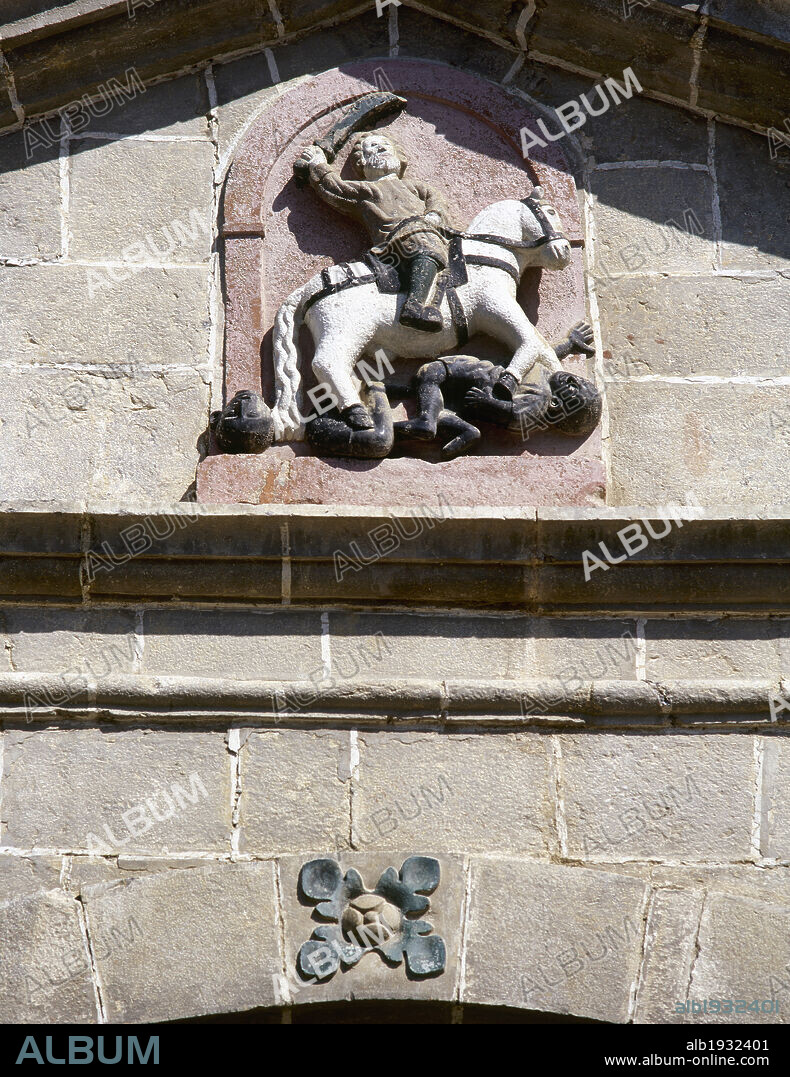 Spain, Basque Country, province of Biscay, Zeberio (Ceberio). Saint James the Moor-slayer (Santiago Matamoros) on horseback victorious over the infidels. Sculpture in the tympanum of the Chapel of Saint Anthony of Padua.