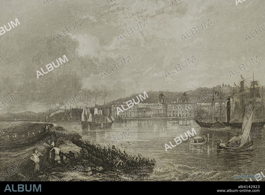 Reino Unido. Inglaterra. Greenwich Hospital, río Támesis. Lugar pensado como hogar para marinos retirados de la Royal Navy. Estuvo operativo desde 1692 hasta 1862. Sus instalaciones fueron más tarde sede del Royal Naval College y de la Universidad de Greenwich. Grabado por W. Henshall. Dibujo por C. Campion. "London and its Environs", h. 1840 (Londres y sus Alrededores). Biblioteca Histórico Militar de Barcelona. Cataluña. España.
