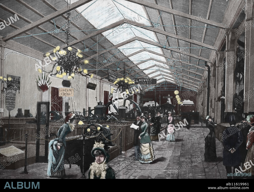 Kingdom of Italy. Expositions, technology, innovation. Electricity gallery at the exposition of Turin, 1884. Italy. Of a photographic reproduction.