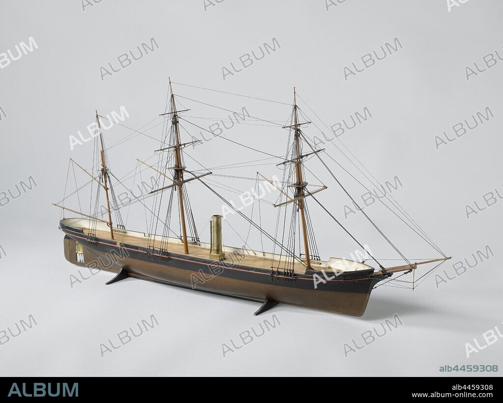 Model of the screw-propeller steamship Watergeus, Model of a Screw Steamer, Polychromed and rigged model of a screw steamship. The model has a deck, a little raised for the mast, and two gun ports in the sides. Sharp prowl without any decoration. Elliptical gate, double parallel screw (Mangin screw) in screw light installation, rudder with rounded rudder blade. No details on deck except an extendable chimney. Completely flat sheer, only the deer is indicated. Peaked trusses. Three-masted rig without sails. Scale 1: 100 (derived), ship model, Watergeus (ship), Rijkswerf Amsterdam (possibly), Amsterdam (possibly), c. 1863, wood (plant material), brass (alloy), rope, h 35.5 cm × l 79 cm × w 17 cm.