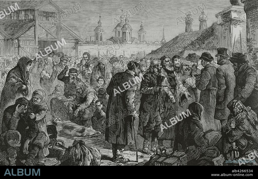 Rusia. Kiev. La Expulsión de los judios eslavos. Familias israelitas abandonan sus hogares. Tras el asesinato del Zar Alejandro II, se originó una oleada de movimientos antisemitas por todo el país. Grabado por Tomás Carlos Capuz (1834-1899). La Ilustración Española y Americana,22 de junio de 1881.