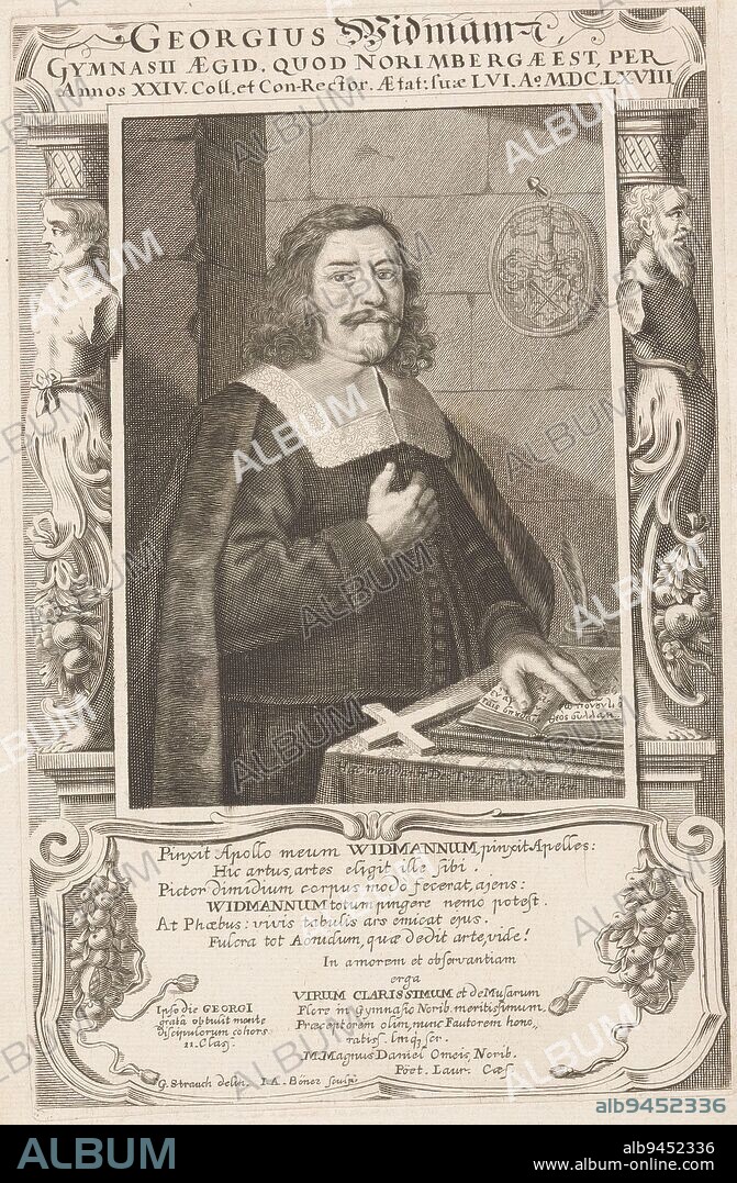 Portrait of Georg Widmann, Johann Alexander Böner, after Georg Strauch, 1668, print maker: Johann Alexander Böner, (mentioned on object), intermediary draughtsman: Georg Strauch, (mentioned on object), Magnus Daniel Omeis, (mentioned on object), Neurenberg, 1668, paper, engraving, h 238 mm × w 153 mm.