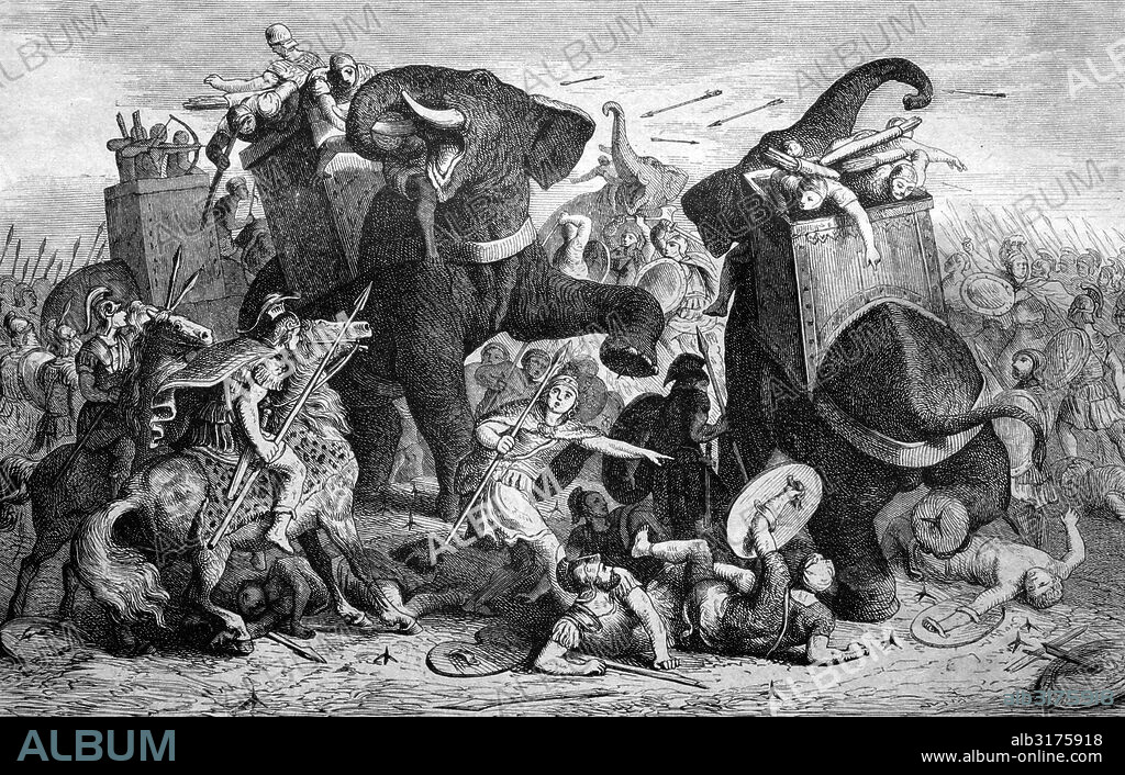 Battle of gaza during the third war of the diadochi, 312 bc, historical illustration, circa 1886.