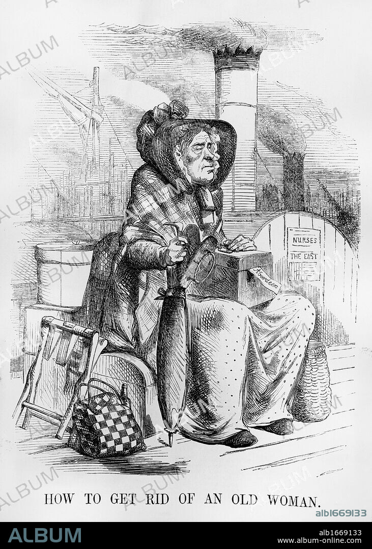 Florance Nightingale, cartoon from Punch, 1854, Punch, the famous comic periodical, published a cartoon, belittling Nightingale's mission, London.