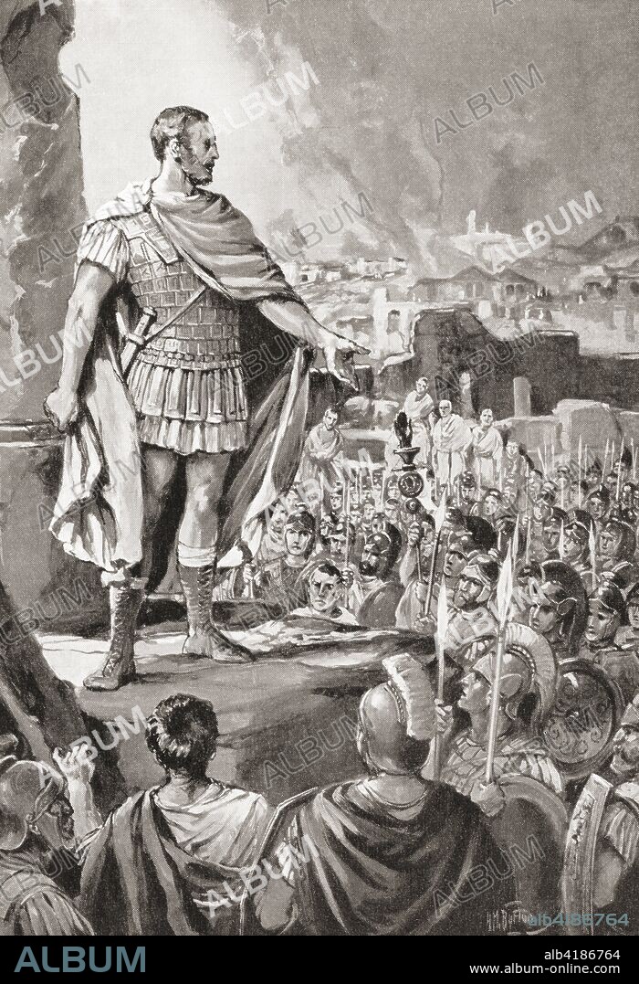 The first secessio plebis of 494 B.C. in ancient Rome. This was a dispute between the patrician ruling class and the plebeian underclass initially sparked by discontent about the burden of debt on the poorer plebeian class.  From Hutchinson's History of the Nations, published 1915.