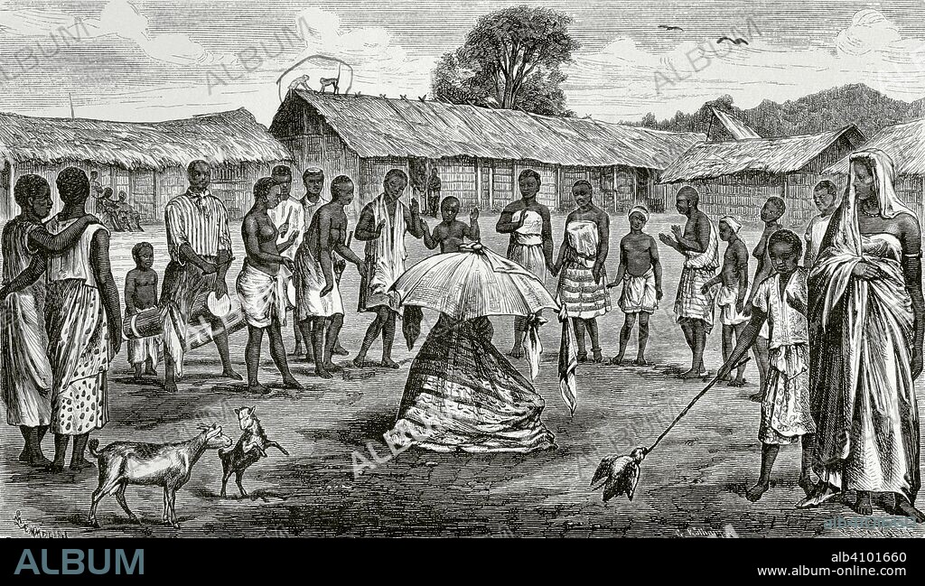 Africa Central. Reino de Loango (amplia región de las actuales Angola, Congo y Gabón). Danza nkumbi. Grabado. Africa Inexplorada, El Continente Misterioso, por Henry Morton Stanley, h. 1887. Biblioteca Histórico Militar de Barcelona, Cataluña, España.