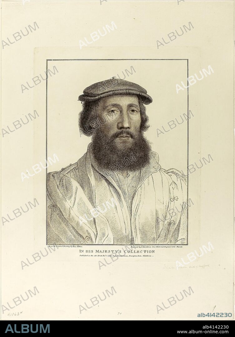Charles Brandon, Duke of Suffolk. Francesco Bartolozzi (Italian, 1727-1815); after Hans Holbein the younger (German, 1497-1543). Date: 1797. Dimensions: 207 x 205 mm (image); 309 x 242 mm (plate); 459 x 336 mm (sheet). Stipple engraving on cream wove paper. Origin: Italy.