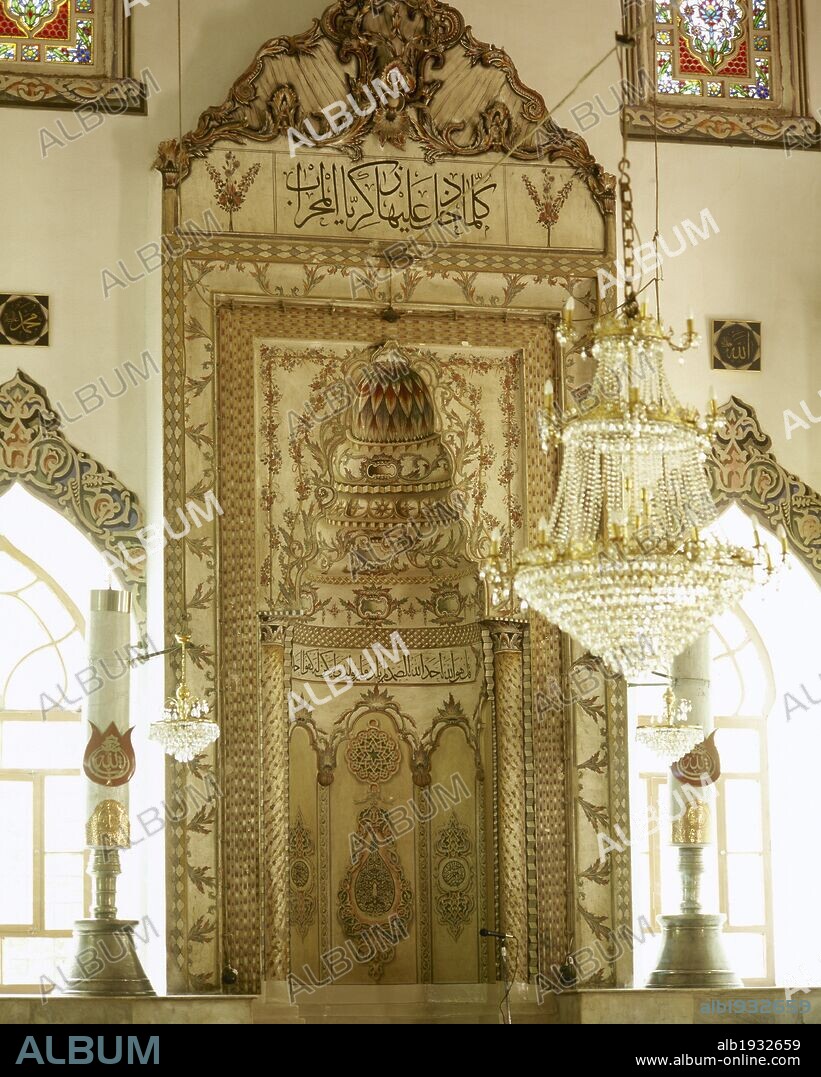 Turkey. Asia Minor. Bursa. Muradiye Complex. Muradiye Mosque. Its construction was ordered by the sultan Murat II (reigned 1421-1451, and was completed in 1426. Inside view. Mihrab carved in stone.