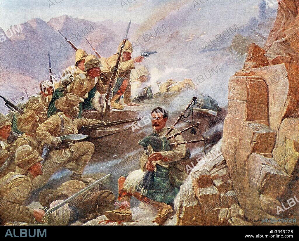 Gurkhas armed with their kukri or khukuri, a Nepalese knife with an inwardly curved blade, together with members of the Gordon Highlanders storming the Dargai Heights in 1897 during The Tirah Campaign. The piper, Sergeant George Frederick Findlater, shot in the feet during the advance, unable to walk, and exposed to enemy fire, continued playing to encourage the battalion's advance. He was later awarded the Victoria Cross for bravery. From The Century Edition of Cassell's History of England, published c. 1900.