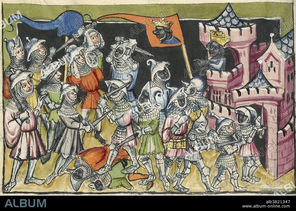 "Moses Defeating the Moors," a Bavarian illustration from c.1400-1410, with additions in 1487, found in the World Chronicle, which contained stories from the Bible and ancient history, and also included purposefully fabricated historical tales such as this. Moses, at far left in a pink tunic, commands his army against the forces of the Moors. The Moors were Muslims living in medieval Spain, thousands of years after Moses's death, and this story was probably invented in the Middle Ages to provide a sacred precedent for the attempts of medieval Christians to expel the Moors from Spain.