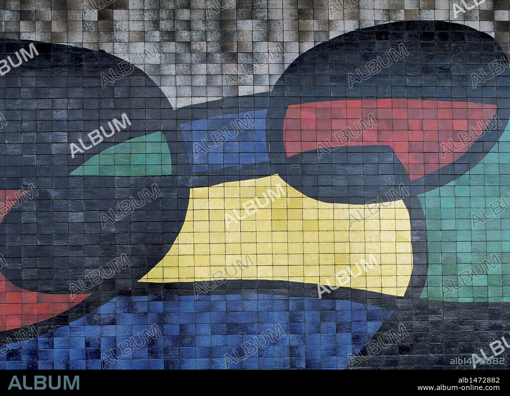 JOAN MIRÓ. Spain. Catalonia. Aiport Barcelona-El Prat. Airport Mural.1960-1970. Large mural of ceramic pieces on the facade of Terminal 2. Prat. Designed by Joan Miro (1893-1983).