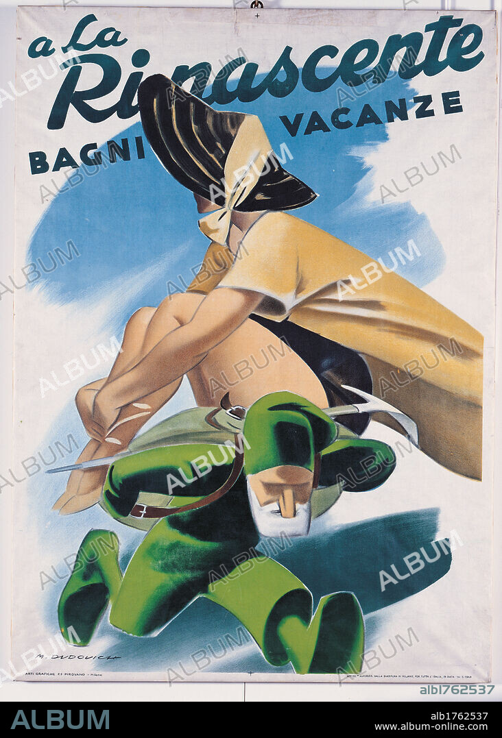 Poster for A La Rinascente holiday bathing resort, by Marcello Dudovich, 1949, 20th Century,. private collection. All. Rinascente advertising poster woman hat holiday mountain man green ice axe.  Please remember that author's rights have to be cleared for modern and contemporary works of arts.