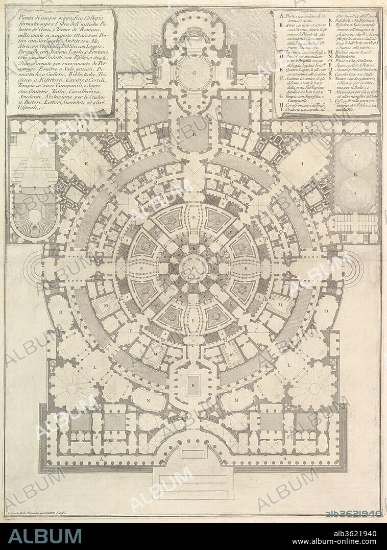 Plan of a spacious and magnificent College designed after the ancient gymnasia of the Greeks and the baths of the Romans..., from Opere Varie di Architettura, prospettive, grotteschi, antichità; inventate, ed incise da Giambattista Piranesi Architetto Veneziano (Various Works of Architecture, perspectives, grotesques and antiquities; designed and etched by Giambattista Piranesi, Venetian Architect). Artist: Giovanni Battista Piranesi (Italian, Mogliano Veneto 1720-1778 Rome). Dimensions: Sheet: 25 1/16 x 19 1/2 in. (63.6 x 49.5 cm)
Plate: 23 11/16 x 17 1/2 in. (60.2 x 44.5 cm). Publisher: Giovanni Bouchard (French, ca. 1716-1795). Series/Portfolio: Opere Varie di Architettura, prospettive, grotteschi, antichità; inventate, ed incise da Giambattista Piranesi Architetto Veneziano. Date: 1750.