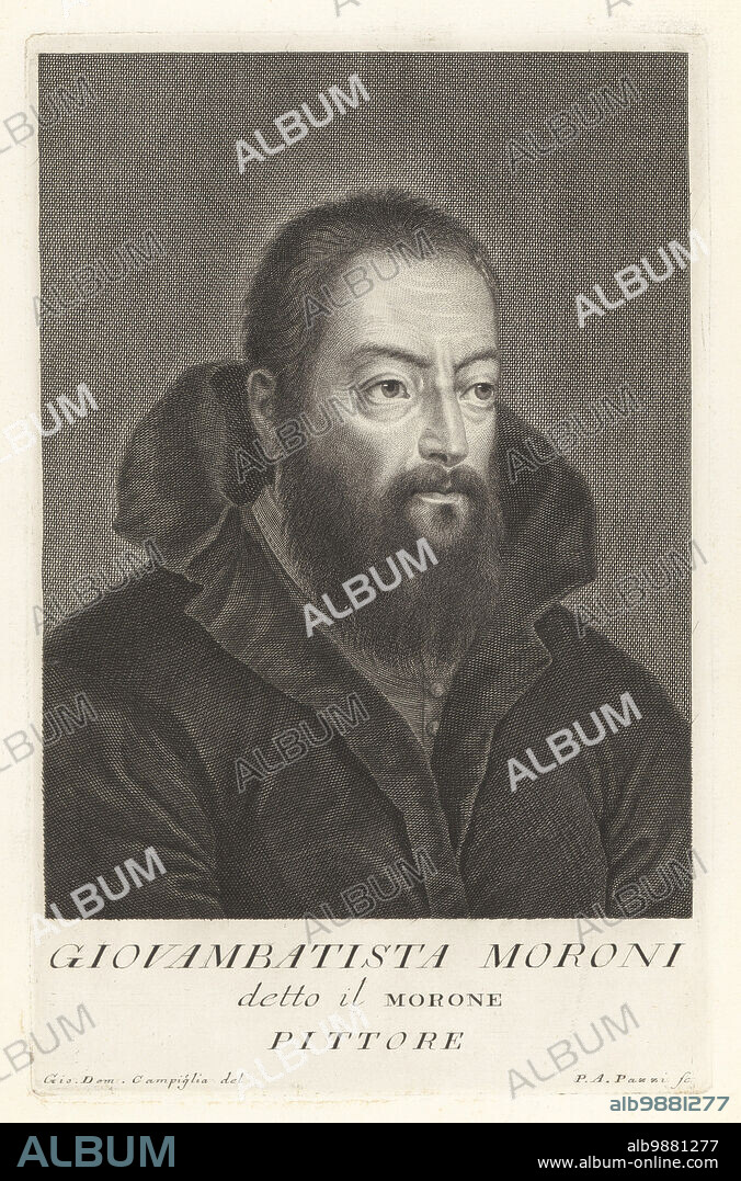 Giovanni Battista Moroni, Italian painter of the Late Renaissance period, c.1520-1578. One of the great portrait painters of the Cinquecento. Giambattista Moroni, Giovambatista Moroni, detto il Morone, Pittore. Copperplate engraving by Pietro Antonio Pazzi after Giovanni Domenico Campiglia after a self portrait by the artist from Francesco Moucke's Museo Florentino (Museum Florentinum), Serie di Ritratti de Pittori (Series of Portraits of Painters) stamperia Mouckiana, Florence, 1752-62.