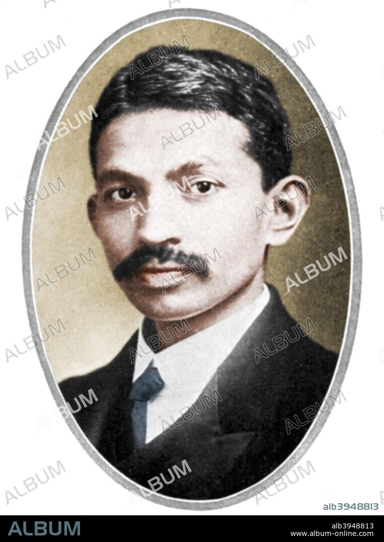 Mohondas Karamchand Gandhi (1869-1948), known as Mahatma (Great Soul), as a young man. Indian Nationalist leader and organiser of the non-cooperative movement against British rule in India. (Colorised black and white print).