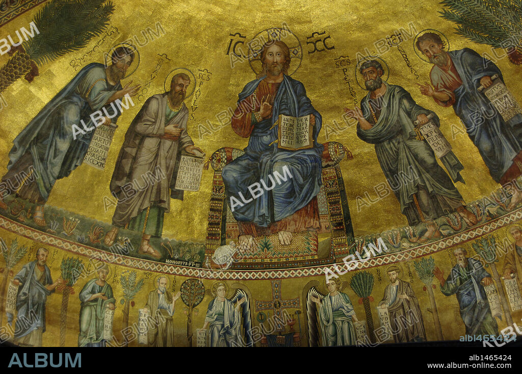 Italy. Rome. Basilica of St. Paul Outside the Walls. Mosaic of apse. Made by a Venetian artist. Christ is flanked by teh Apostles Peter, Paul, Andrew and Luke.19th century reconstruction (after fire 1823), of the 13th century original.
