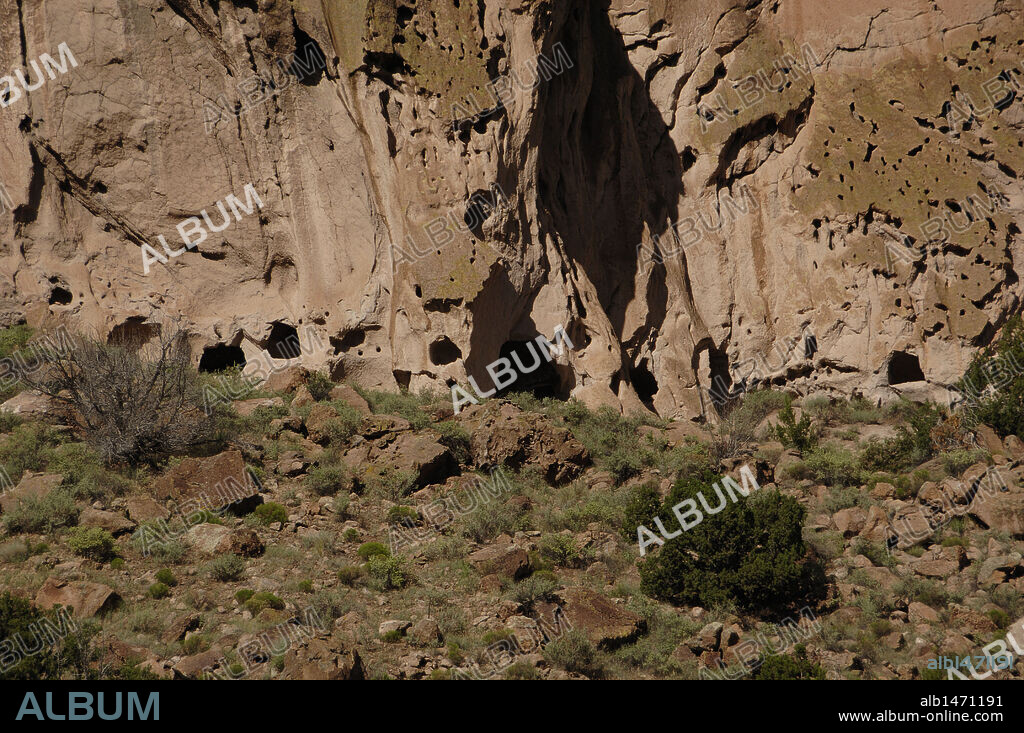 USA. Near Los Alamos. New Mexico. Bandelier National Monument. Multistory dwellings of Ancestral Pueblo People. Frijoles Canyon.