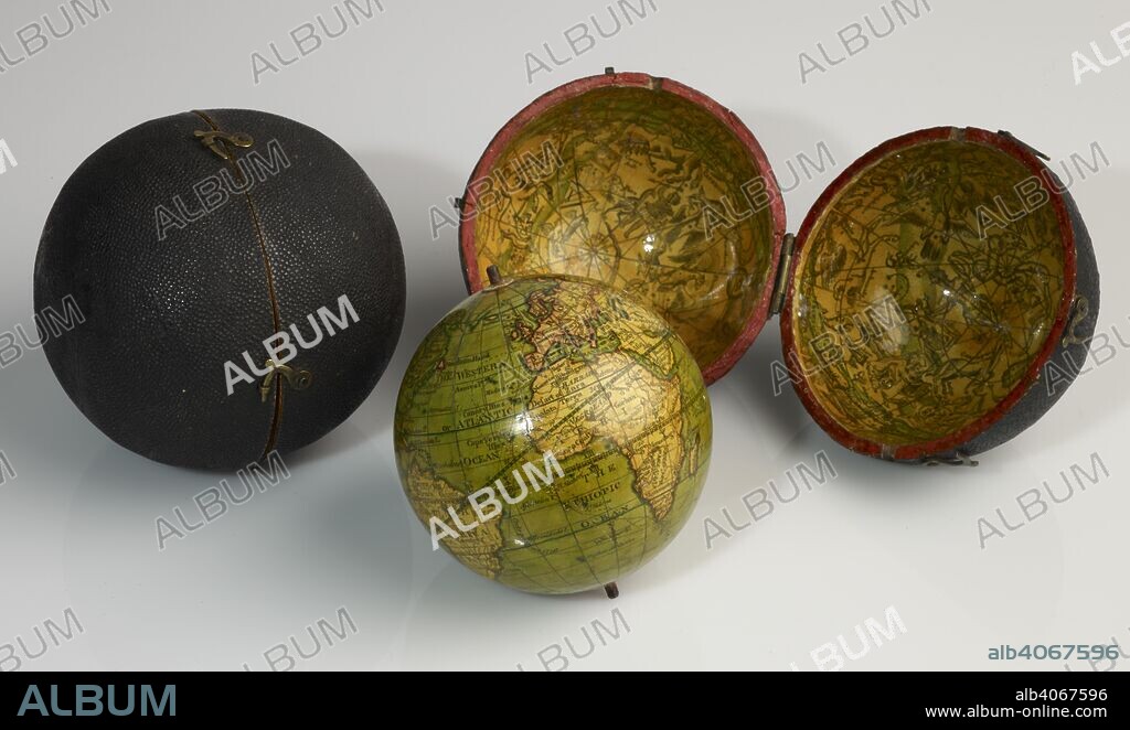 WETTON. A hand coloured globe in a shagreen case bearing, on its inner face, representations of the celestial hemispheres. London, Wtton, Fleet street, Ca. 1820. The globe is 8 cm in diameter. A later, revised state of the globe published by Dudley Adams, ca. 1800. This state corresponds to Laneâ€™s version of 1818 depicting Bass Strait. Source: Maps.C.4.a.4.(12).