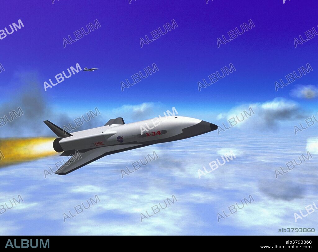 Artwork of the X-34 reusuable rocket in flight. The X-34 was intended to test the various technologies needed for the Reusable Launch Vehicle program that was to replace the Space Shuttle. The X-34 project was cancelled in 2001.
