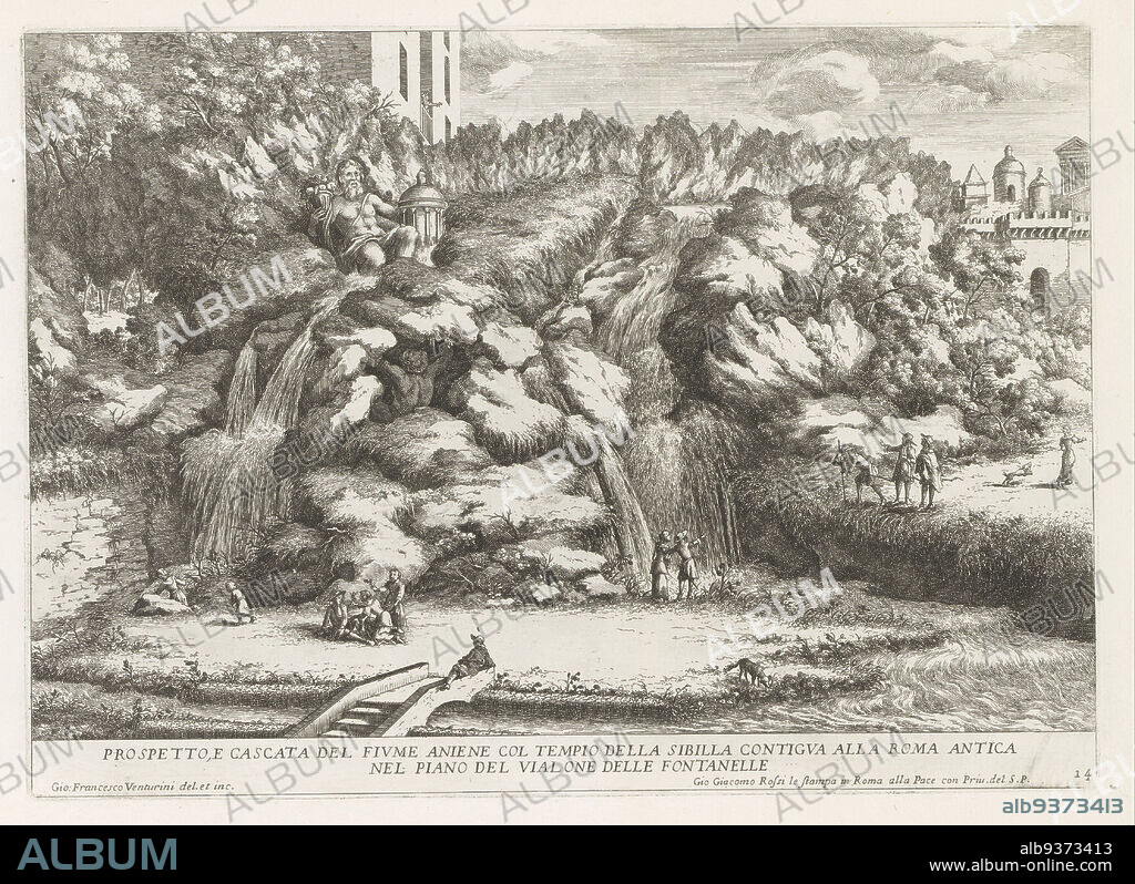 Landscape with cascade and Temple of the Tiburtine Sibyl at Tivoli, Prospetto e cascata del fiume aniene col tempio della sibilla (...) (title on object), Le fontane del giardino Estense in Tivoli (series title), Fountains in the gardens of Villa d'Este at Tivoli (series title), Numbered lower right: 14. The print is part of an album., print maker: Giovanni Francesco Venturini (mentioned on object), Giovanni Francesco Venturini (mentioned on object), print maker: Italy, Italy, publisher: Rome, Vaticaanstad, 1653 - 1691, paper, etching, height 236 mm × width 331 mm.