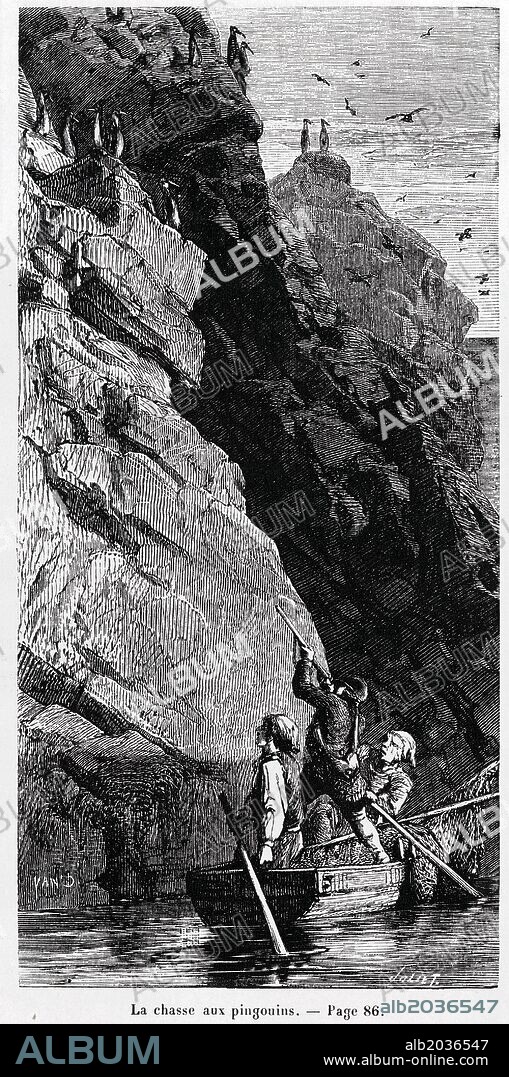 Costas de la Antartida, caza del pingüino. Grabado de 1862.