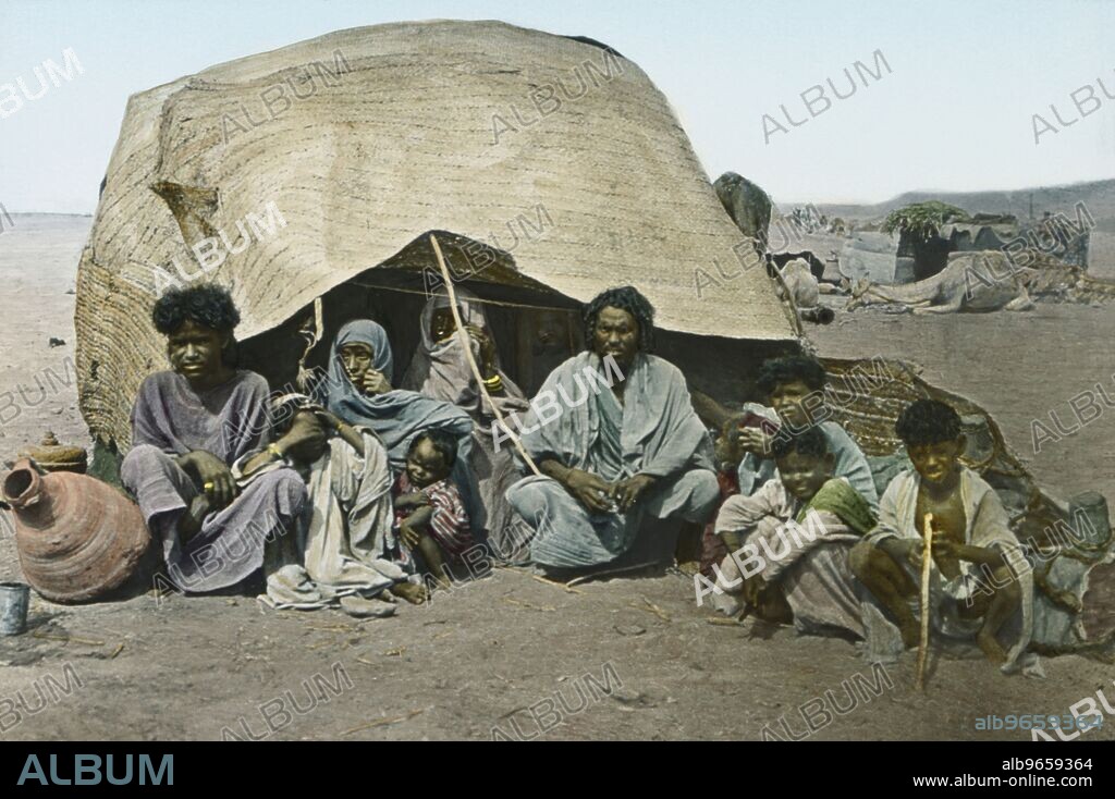 Bishareen Family, Aswan, Egypt, Hand-Colored Magic Lantern Slide, Newton & Company, 1920.