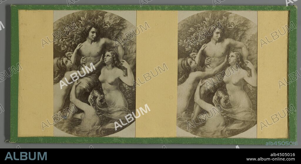 Photo reproduction of a print of a half-naked man surrounded by three nymphs, on shore, river bank, nymphs (in general), 'Ninfe in commune' (Ripa), anonymous, 1885 - 1920, glass, photographic paper, cardboard, zegel rand, albumen print, h 82 mm × w 170 mm.