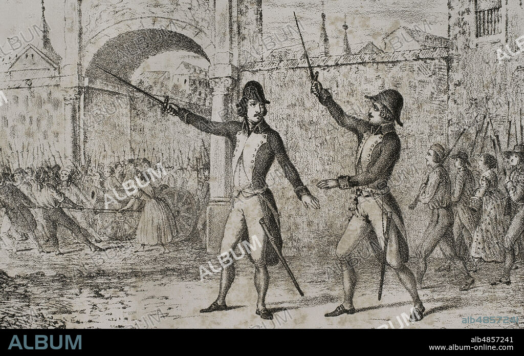 España. Madrid. Levantamiento del 2 de mayo de 1808 contra las tropas francesas. Los oficiales de artillería del cuartel de Monteleón, Luis Daoiz y Torres y Pedro Velarde y Santillán, se unieron al levantamiento. Ilustración de F. Perez. Grabado. Historia del Levantamiento, Guerra y Revolución de España, por el conde de Toreno. Madrid,1852.