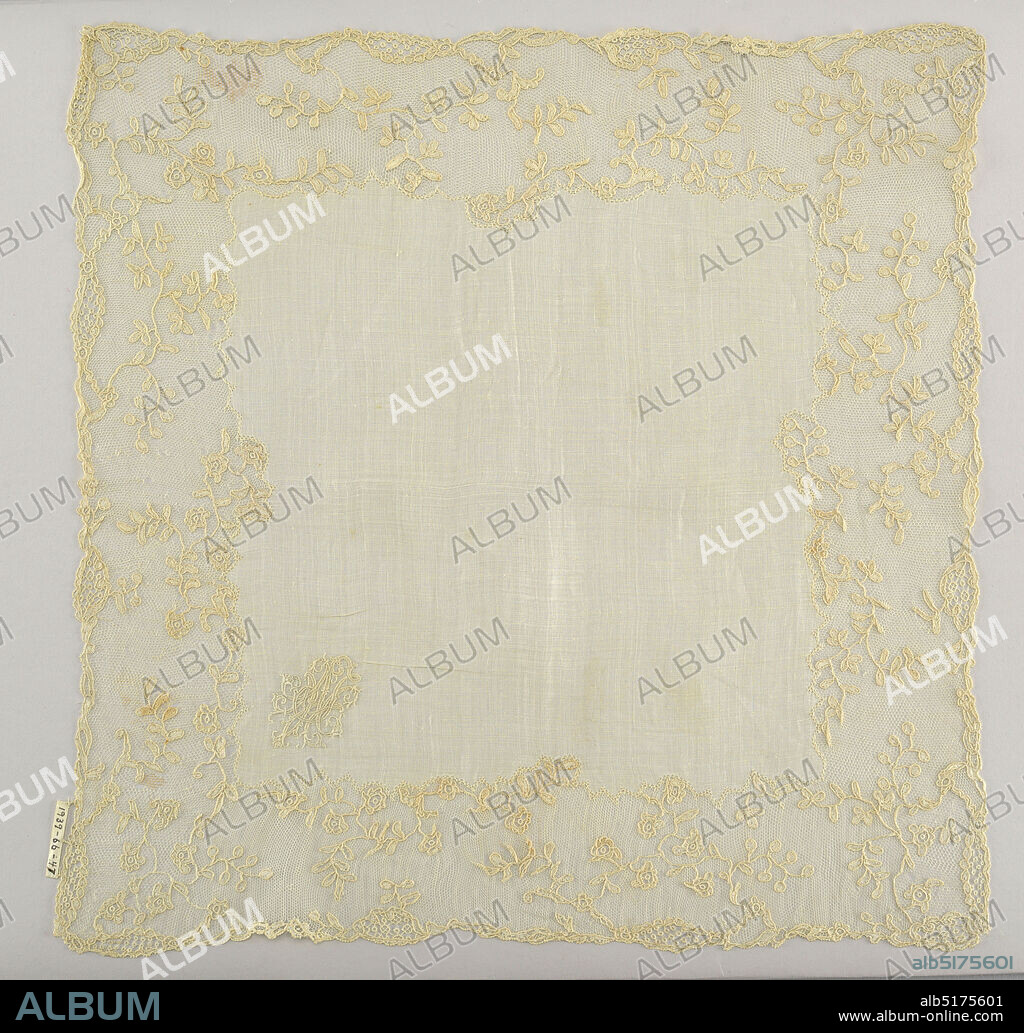Handkerchief, Medium: linen Technique: embroidered with lace border, Linen center with monogram J.M.N. and border of Mechlin lace in design of pendant flowers., France, 18th century, lace, Handkerchief.