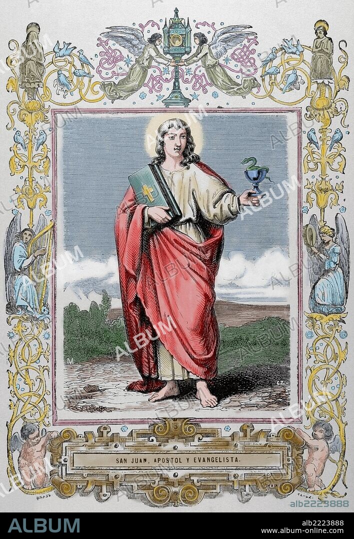 SAN JUAN EVANGELISTA (m.100). Apóstol y uno de los cuatro evangelistas. Grabado por Capuz. "Año Cristiano", 1853. Coloreado.