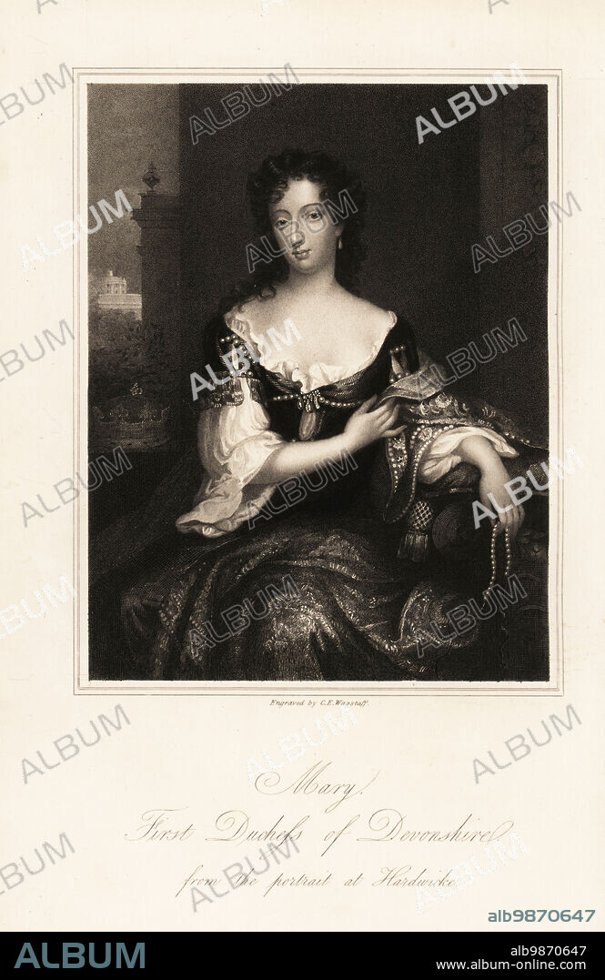 Portrait of Mary Cavendish, 1st Duchess of Devonshire, wife of William Cavendish, 4th Earl and 1st Duke of Devonshire, 1646-1710. Mary Butler was the second daughter of James Butler, Duke of Ormonde. Steel engraving by Charles Edward Wagstaff after an original portrait at Hardwick Hall, Derbyshire, from Mrs Anna Jamesons Memoirs of the Beauties of the Court of King Charles the Second, Henry Coburn, London, 1838.