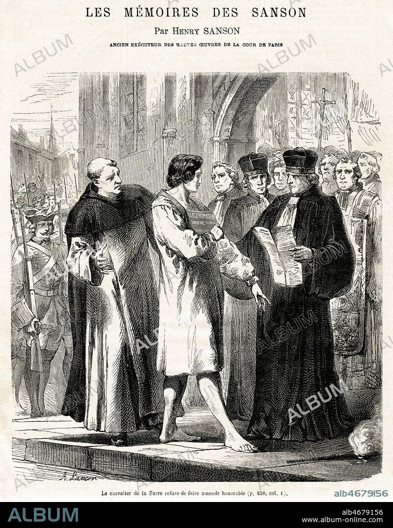 Le Chevalier de LA BARRE (1746-1766) refuse de faire amende honorable. Illustration de Andre LANCON (1836-1885) pour Les Memoires des Sanson par Henri-Clement SANSON (1799-1889) repris dans Le nouveau Journal du 28 mai 1864. (VOLTAIRE prend fait et cause pour lui et est condamne apres la redaction de Relation de la mort du chevalier de La Barre à Monsieur le marquis de Beccaria et le Cri d'un Sang Innocent). Credit : Coll. Jonas/KHARBINE-TAPABOR.