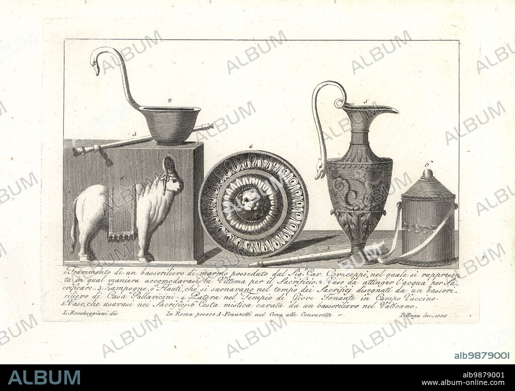 Bull prepared for sacrifice, from a bas-relief owned by Bartolomeo Cavaceppi 1, vessel with swan's neck to draw water for a sacrifice 2, bagpipes or flutes played at sacrifices, from a bas-relief in Casa Pellavicini 3, patera or bowl in the Temple of Jupiter 4, vase used in sacrfices 5 and cesta mistica or mystical basket from a bas-relief in the Vatican 6. Copperplate engraving by Pietro Ruga after an illustration by Lorenzo Rocceggiani from his own 100 Plates of Costumes Religious, Civil and Military of the Ancient Egyptians, Etruscans, Greeks and Romans, Franzetti, Rome, 1802.