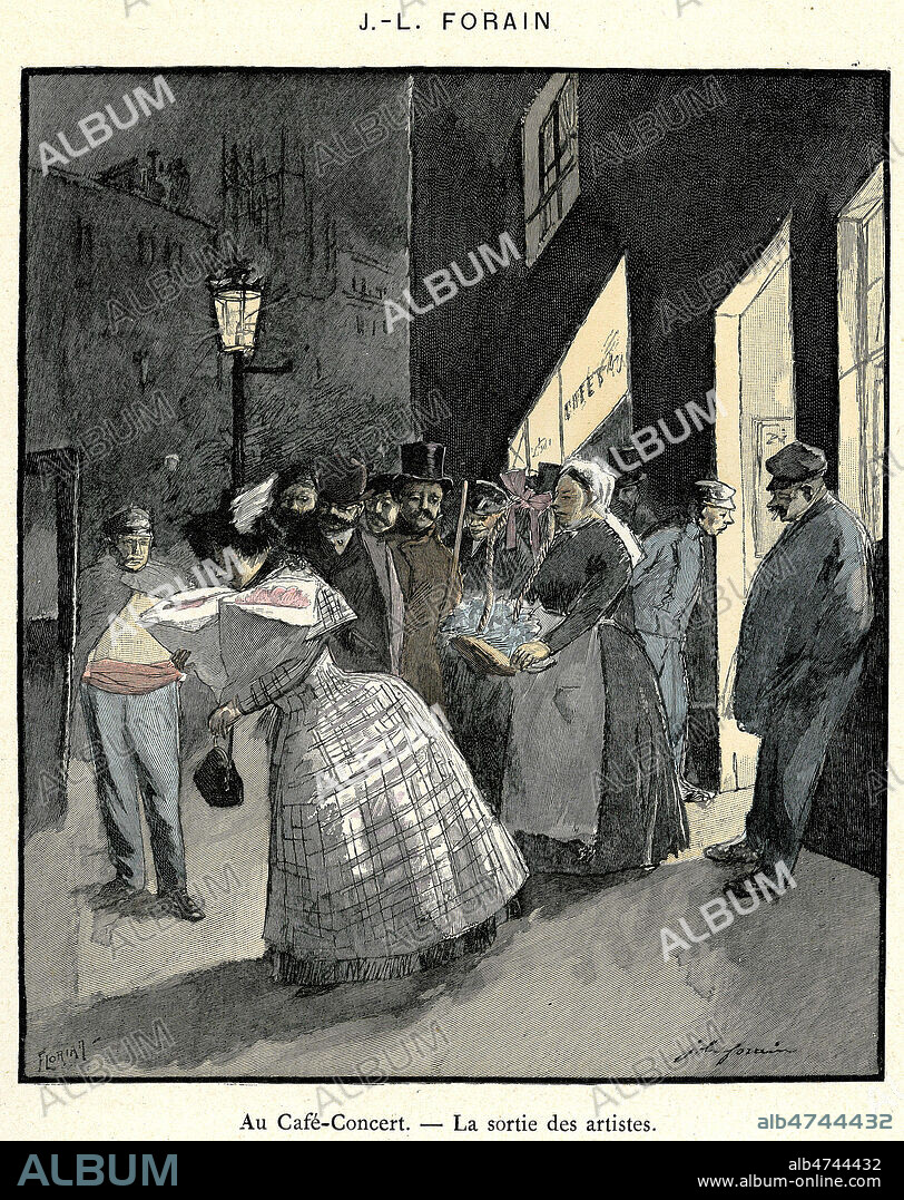 Au cafe-concert. Sortie des artistes. Illustration de Jean Louis FORAIN (1852-1931) reprise en 1892 dans L'art du rire et de la caricature par Arsene ALEXANDRE (1859-1937). Credit : Coll. KHARBINE-TAPABOR.