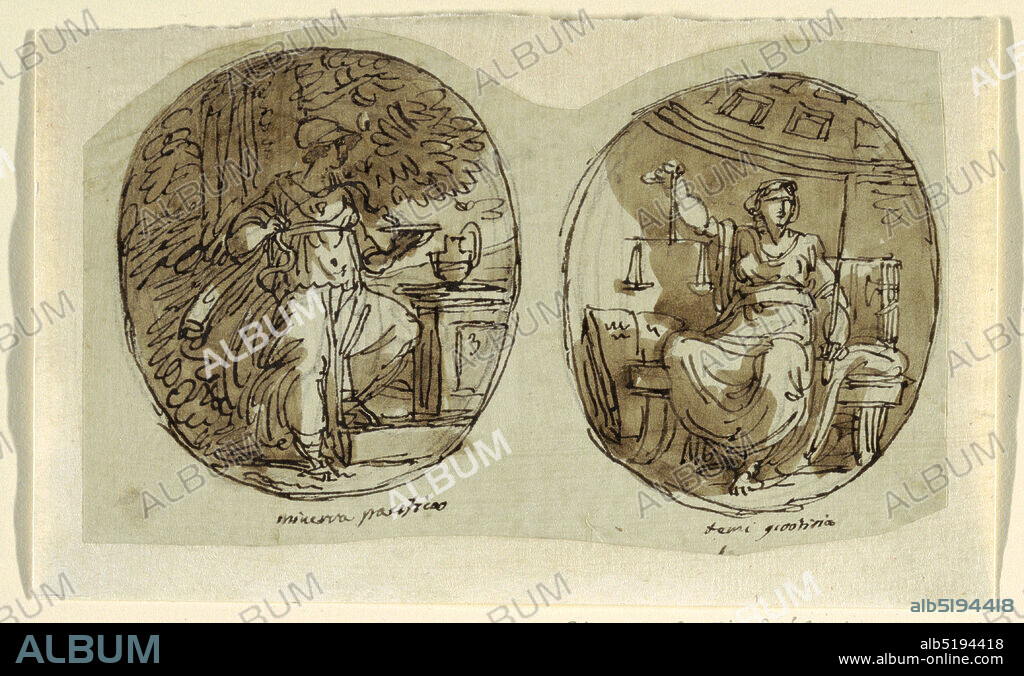 Minerva, Design for Vaulted Ceiling, Sala dei Legislatori, Palazzo Conti-Sinibaldi, Faenza, Felice Giani, Italian, 17581823, Pen and ink, brush and bistre wash over black chalk on laid paper, Minerva stands beneath trees having left foot upon base of pedestal, upon which pitcher rests. She holds snake which drinks from bowl held in her left hand. Inscription: minerva pacifica. At right, Themis seated upon thrown, decorated with fasces. She holds pair of scales and sword. Opened book leans against wall of domed circular hall, at left. Inscription: temi giostisia., Italy, 17871802, figures, Drawing, Drawing.