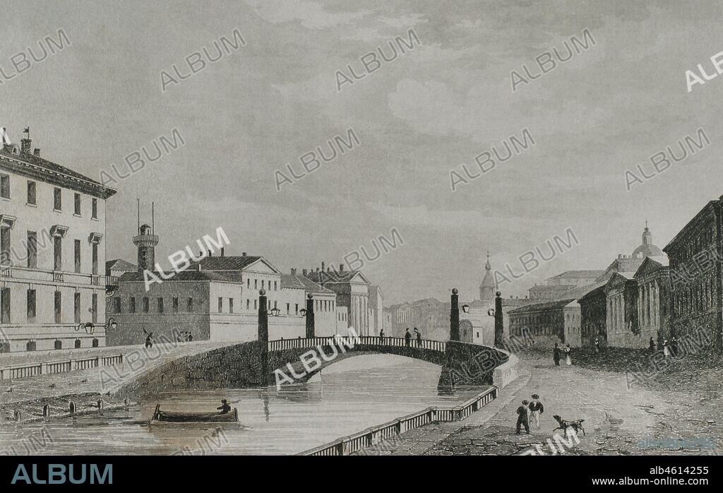 Russia, Saint Petersburg. Red Bridge. Engraving by Lemaitre and Cholet. History of Russia by Jean Marie Chopin (1796-1870). Panorama Universal, Spanish edition, 1839.