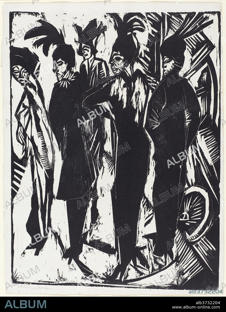 ERNST LUDWIG KIRCHNER. Five Women on the Street. Dated: 1914. Dimensions: plate: 48.5 x 37 cm (19 1/8 x 14 9/16 in.)  sheet: 52 x 39 cm (20 1/2 x 15 3/8 in.). Medium: woodcut on heavy wove paper.