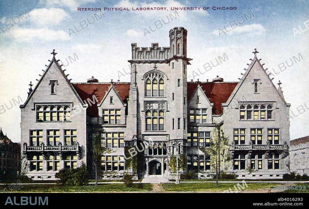 Ryerson Physical Laboratory, University of Chicago, Illinois, 1910. Postcard. The Gothic style stone building has a red roof. In 1909 Professor Robert Andrews Millikan performed his famous oil drop experiment at the laboratory, enabling him to calculate the charge of the electron.