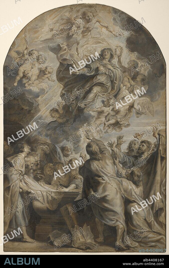 The Assumption of the Virgin, Peter Paul Rubens (Flemish, 1577 - 1640), and Paulus Pontius (Flemish, 1603 - 1658), Flanders, Belgium, about 1624, Black chalk, touches of red chalk, pen and brown ink, and brown and gray wash, heightened with white and gray gouache and oil paint, incised for transfer, 65.7 × 43 cm (25 7/8 × 16 15/16 in.).