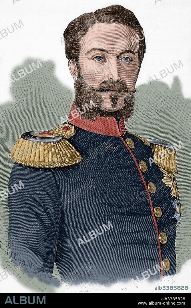 Federico I de Baden (1826-1907). Regente de Baden de 1852-1858 y Gran Duque de Baden de 1858 hasta 1907 Casa de Zähringen. Defensor de la monarquía constitucional. Retrato. Grabado por E. Krell. Historia Universal, 1881. Coloreado.