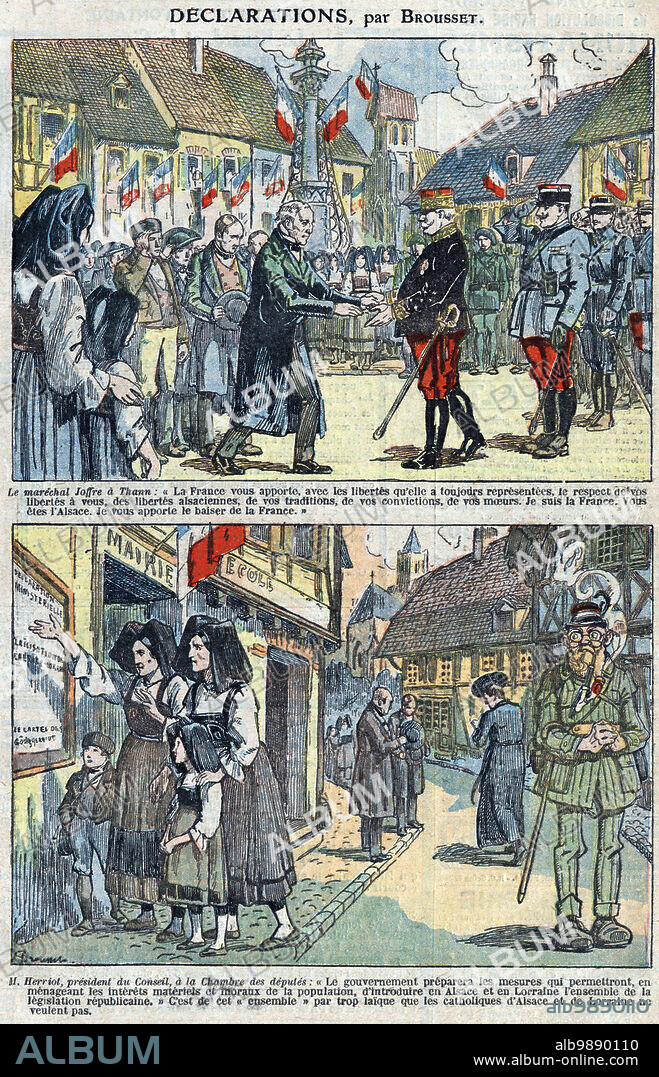 Illustrations of the declarations of marechal Joseph Joffre (1852-1931) (top) and Edouard Herriot, President of the Council of the Chamber of Deputes (below) concerning Alsace and Lorraine (Alsace-Lorraine). Illustration of Brousset in " Le Pelerin " of August 14, 1924.