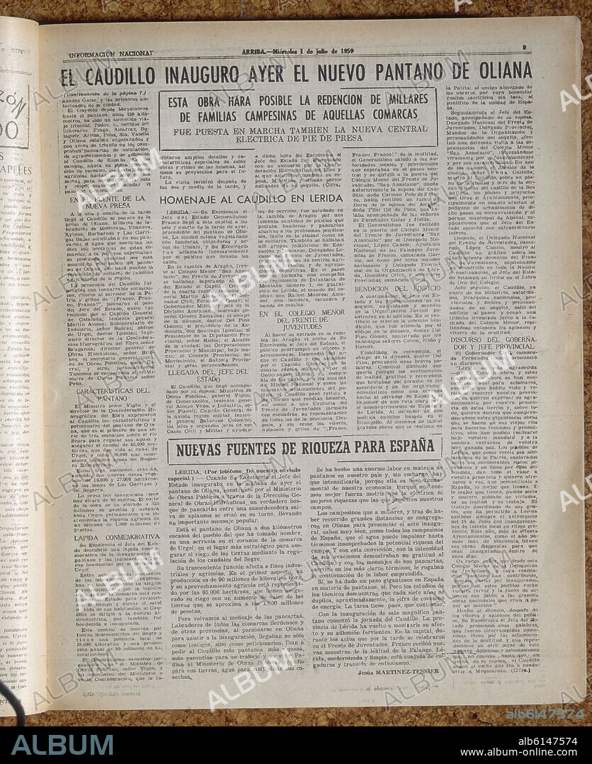 PERIODICO ARRIBA-EL CAUDILLO INAUGURA PANTANO DE OLIANA-1959.