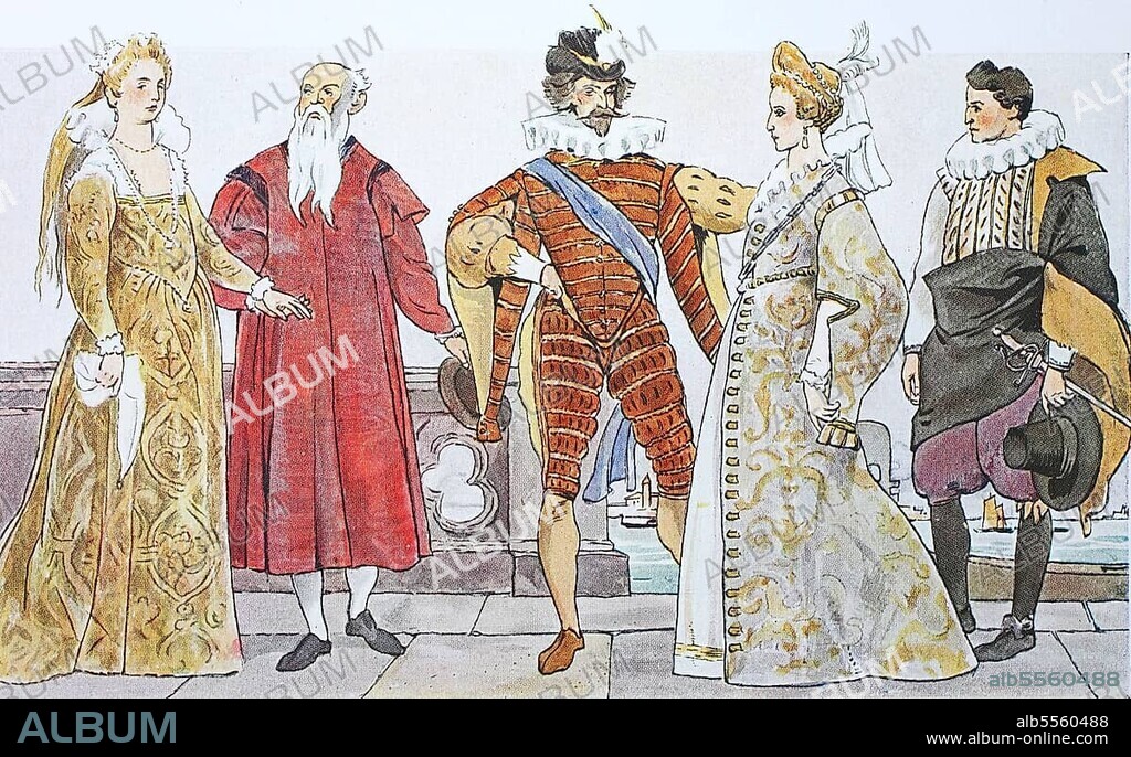 Mode, Kostüme, Kleidung in italienischer unter spanischer Mode um 1590-1610, von links, venezianische Dame um 1610, adliger venezianischer alter Herr um 1610, venezianischer jüngerer Herr in spanischer Mode um 1610, venezianische Dame um 1605 und junger Adliger in spanischer Mode um 1605, digitale verbesserte Reproduktion nach einem Original aus dem Jahr 1900.