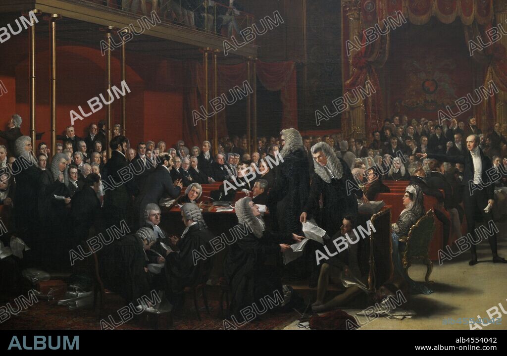 Carolina de Brunswick-Wolfenbuttel (1768-1821), reina consorte del rey Jorge IV del Reino Unido. El juicio contra la reina Carolina, en la Cámara de los Lores del Parlamento Británico,1820, por adulterio. Oleo sobre lienzo,1823. Obra del pintor británico Sir George Hayter (1792-1871). Detalle. En el cuadro aparecen: sentada, la reina Carolina, Henry Brougham, Charles Grey, Arthur Wellesley y Theodore Majocchi. National Portrait Gallery. Londres. Inglaterra.