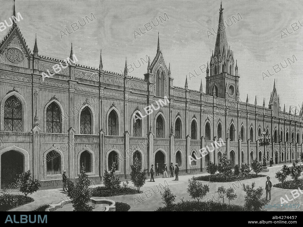 BERNARDO RICO (1825-1894). SPANISH ENGRAVER.. Venezuela. Caracas. Palacio de las Academias. Exterior del nuevo edificio destinado a universidad, academia, biblioteca y museo. Fundada por el presidente del país, Guzmán Blanco. Grabado por Rico. La Ilustración Española y Americana, 30 de septiembre de 1882.