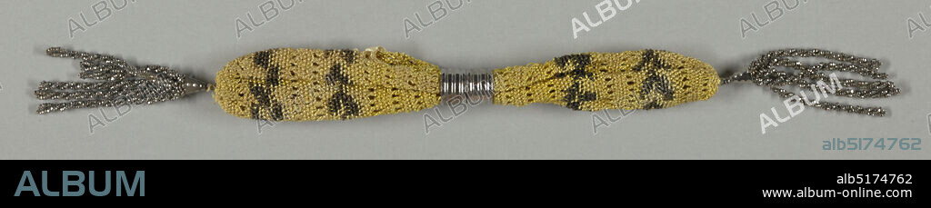 Miser's purse, Medium: silk, steel beads Technique: fishermen's knotted net technique, Miser's purse of netted black and yellow silk and finished at the ends with steel beads., France, 19th century, costume & accessories, Miser's purse.