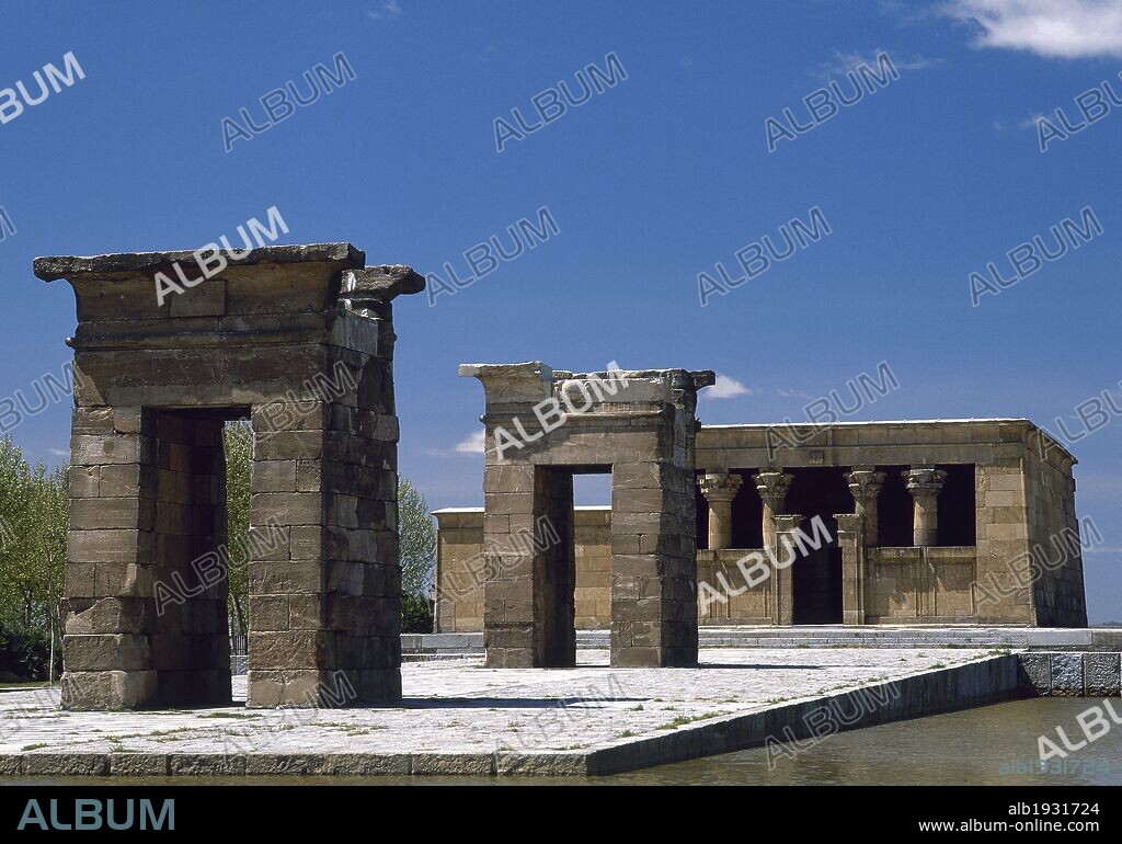 Spain. Madrid. Temple of Debod. Ancient Egyptian temple which was dismantled and rebuilt in Madrid in 1968. From southern Egypt, near Aswan. Built 200 BC. West Park.